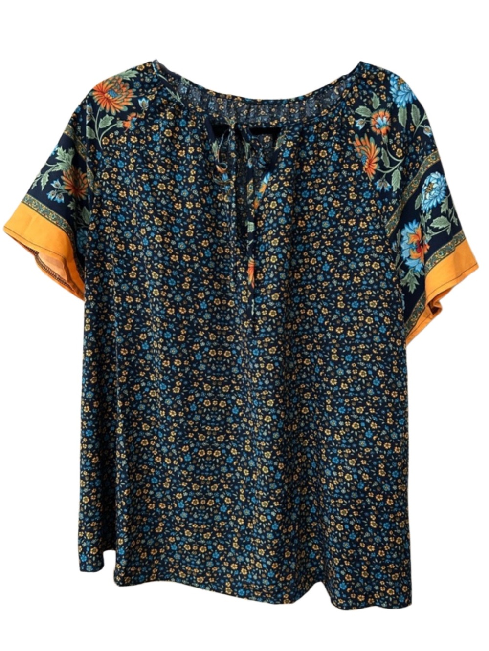 🆕 Navy Floral Tie Neck Blouse - Size 2X Open Sleeves